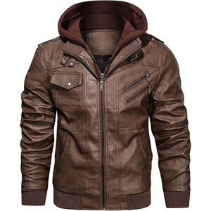 Men’s Brown PU Faux Leather Stand Collar Zipper Motorcycle Bomber Jacket